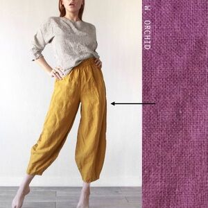 Relaxed Elastic-Waist Mustard Linen Pants
